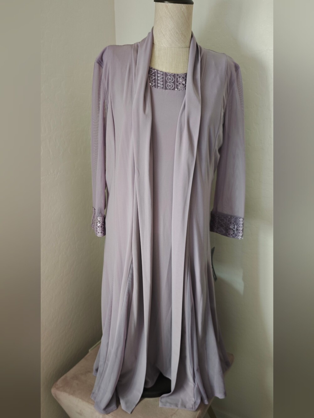 R&M Richards Lavender Long Sleeve Dress with Lace Trim